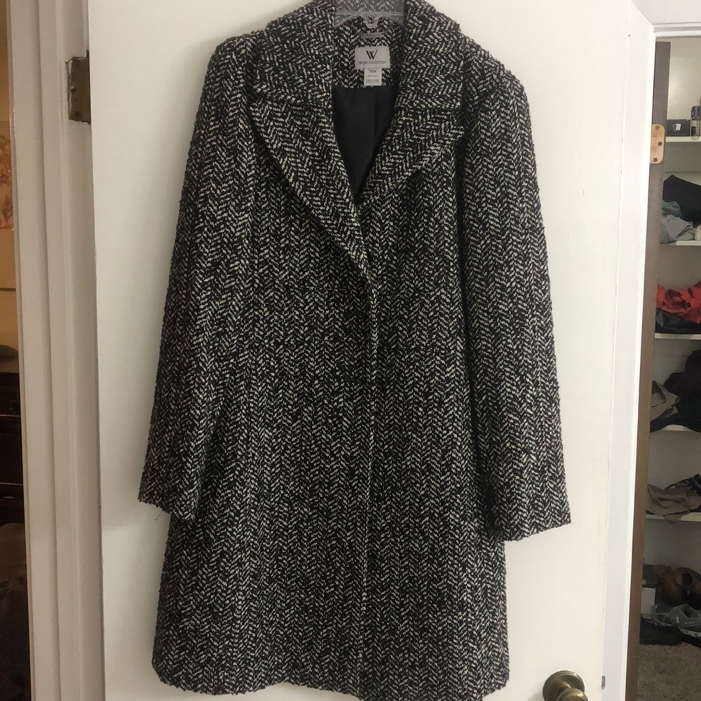 Mid length black and white wool coat